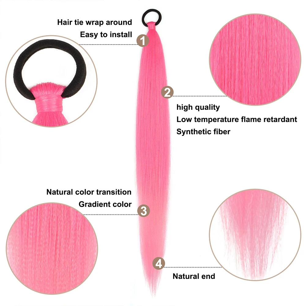 2 Pack Pink Ponytail Extension with Elastic Tie Straight Sleek Wrap Around Braid Ponytail Yellow Blue Gradient 26 Inch