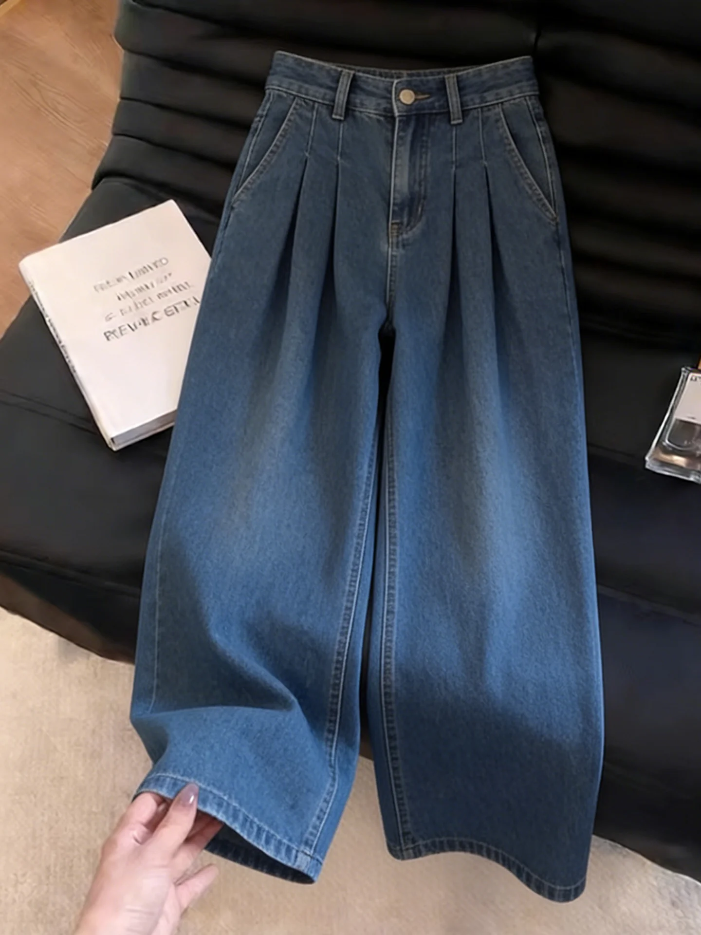 High Waist Loose Fit Blue Pleated Denim Jeans Women's Summer New Style Slimming Wide Leg Pants Korean Version