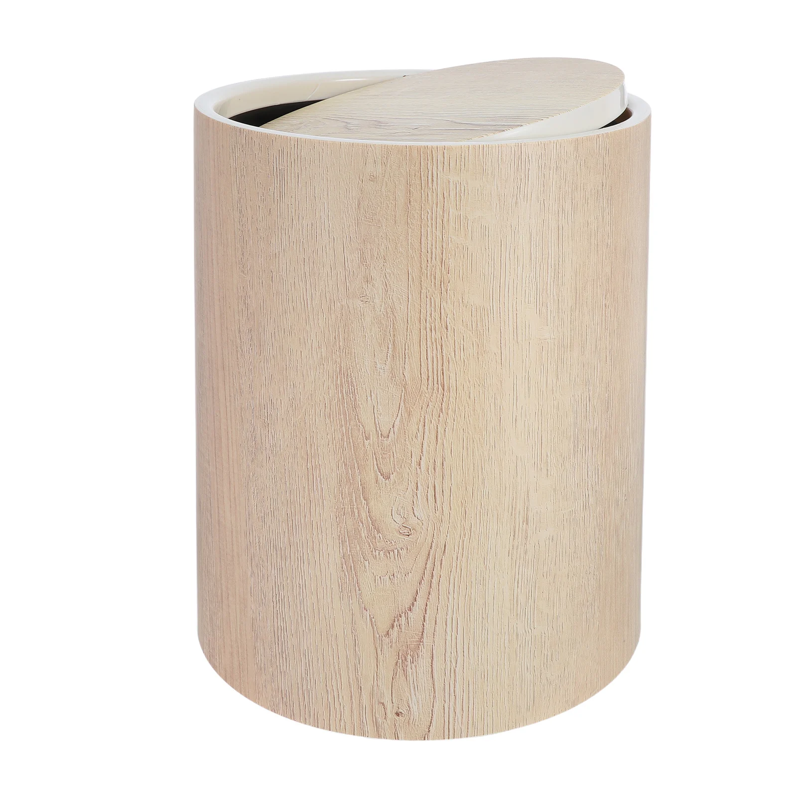 

Vintage Wood Grain Trash Can Compact Round Plastic Waste Bin with Flip Lid for Bathroom Bedroom Office Living Room Space-Saving