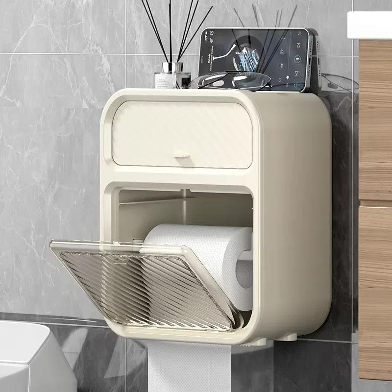 

Bathroom Tissue Holder Wall Mounted Waterproof Box no Punching Toilet Paper Roll Paper Storage Rack Bathroom Accessories