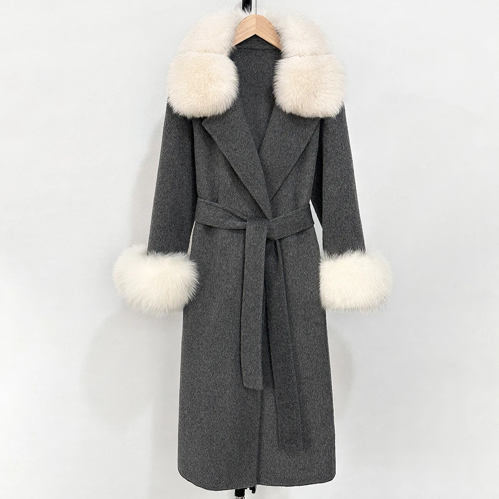 OFTBUY Langer, warmer, eleganter Wintermantel mit Gürtel, neue Damen-Doppelmantel aus Wolle mit echtem Fuchsfellkragen und -manschetten – Detail 8
