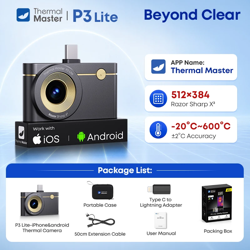 512×384 warmtebeeldcamera P3 Lite voor smartphones, -20~600 ℃   15x zoom voor iOS en Android, detectie van waterlekken en HVAC-systemen.