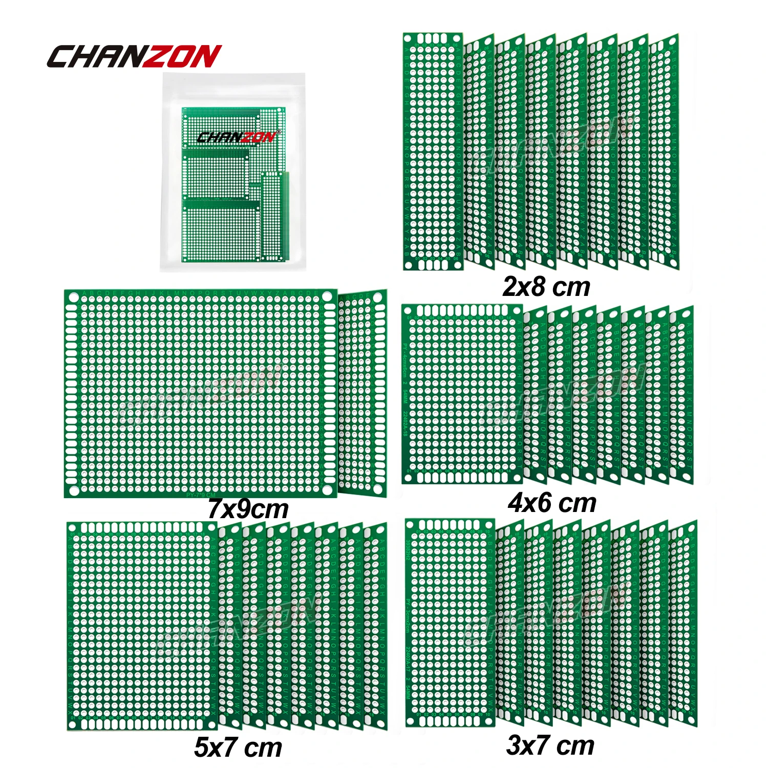 Placa PCB de doble cara para manualidades, Kit de prototipo FR4 de circuito impreso Universal Perfboard, 34 piezas, estañado (2x8, 3x7, 4x6, 5x7,