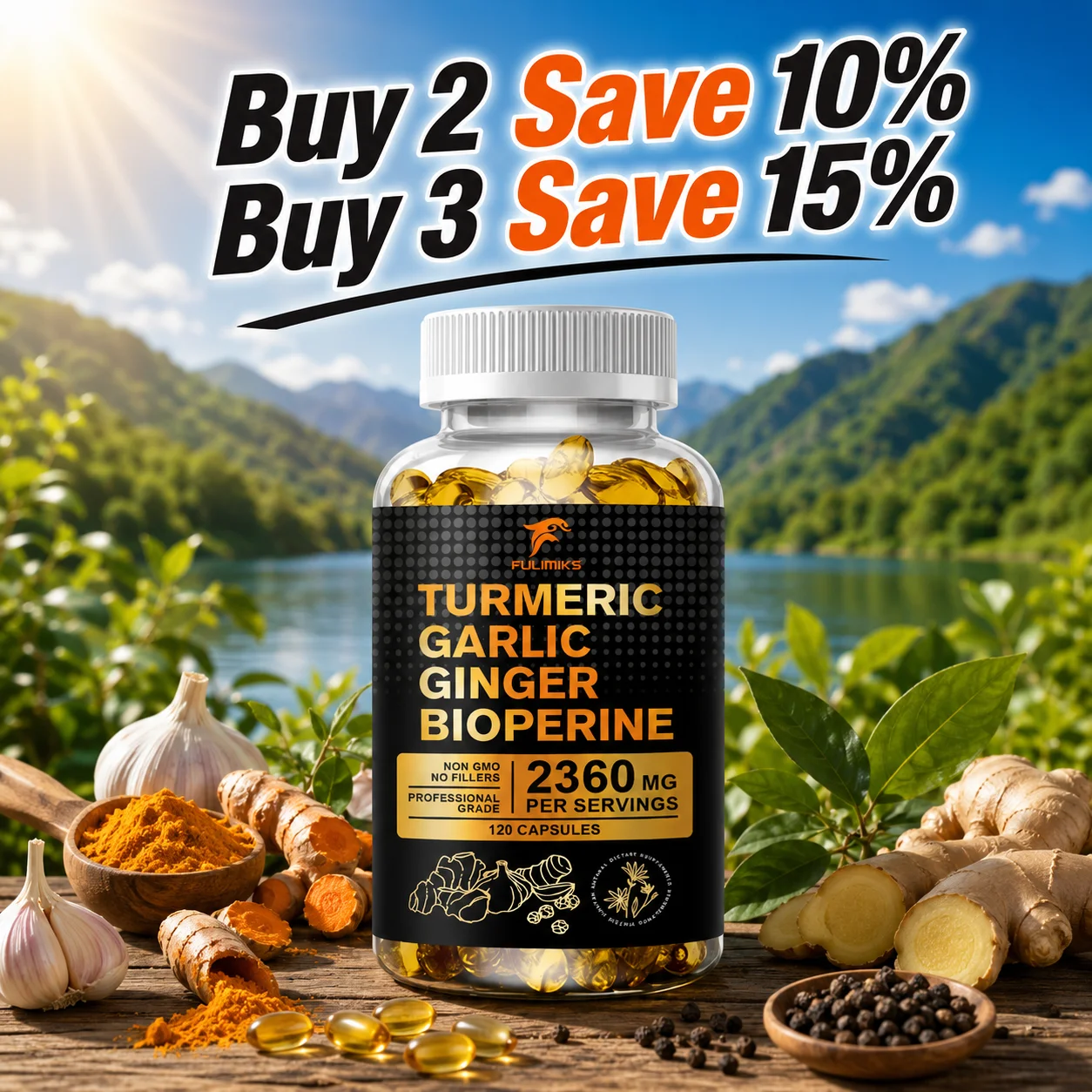 Premium Turmeric Curcumin Supplement, with Garlic & Ginger, Supports Joint Comfort, Anti-Inflammatory, Immune Health & Vitality