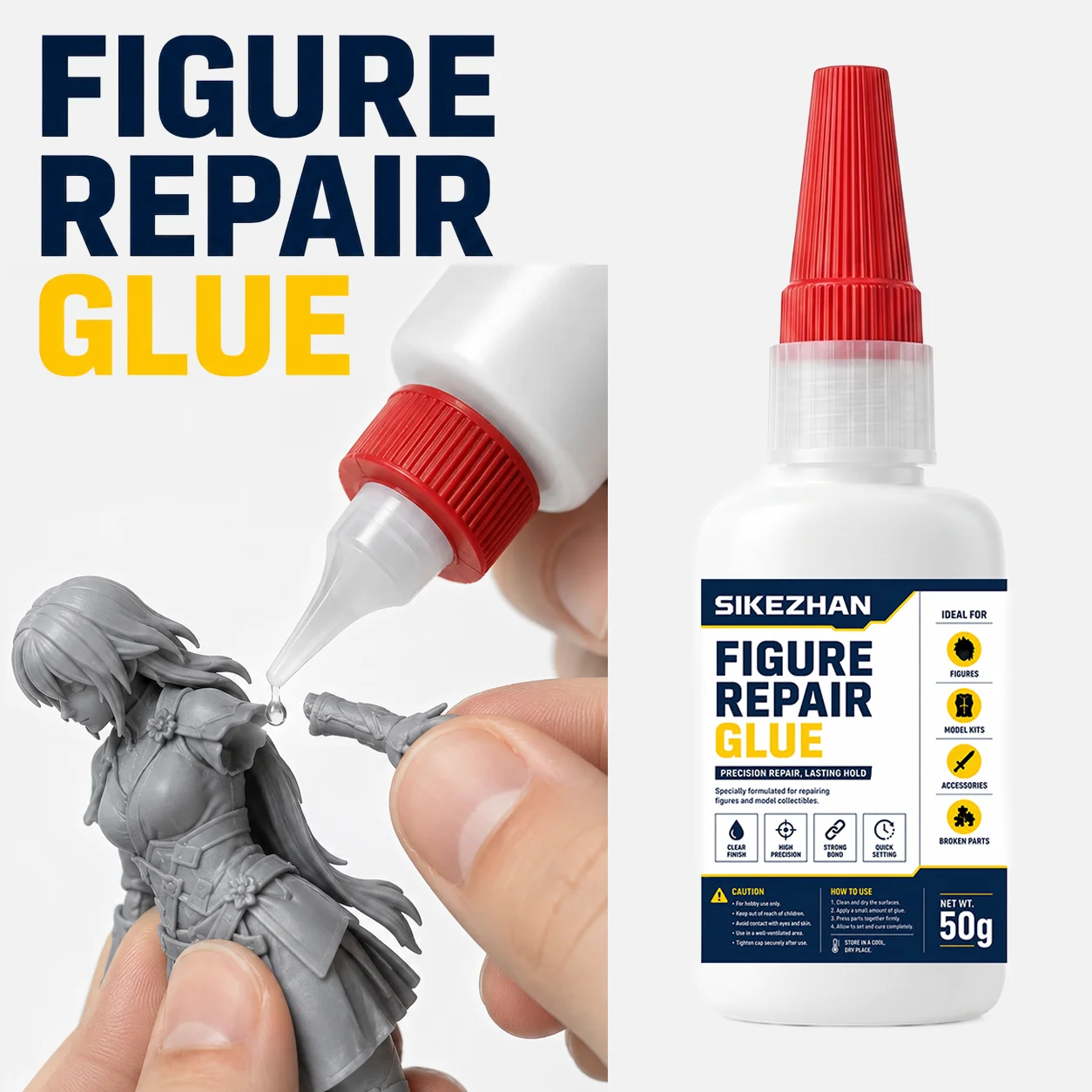 SIKEZHAN Figure Repair Glue for Models & Figures – Strong Bond, Precision Tip, Fast Setting, Clear Finish 50g Narrow-Spout Tube