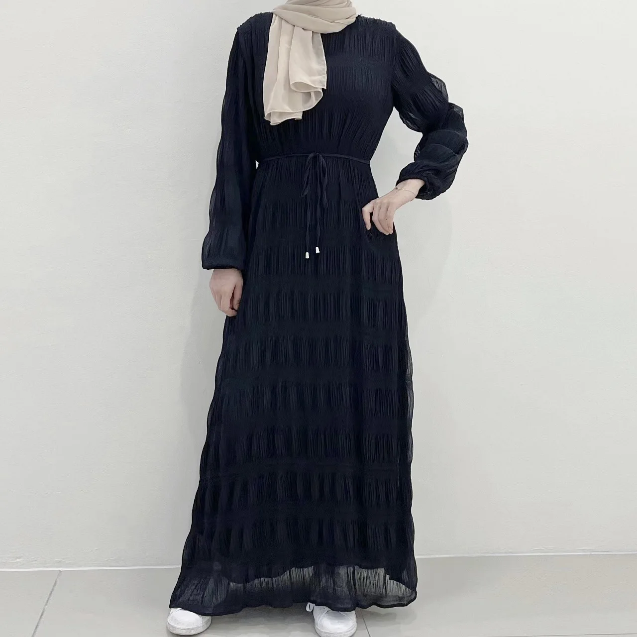 Imagem -06 - Veste Abaya Muçulmana para Mulheres Vestido Maxi Longo Vestidos de Noite Plissados de Chiffon Hijab Conjuntos Muçulmanos Kaftan Slim Fit Moda Casual 2024