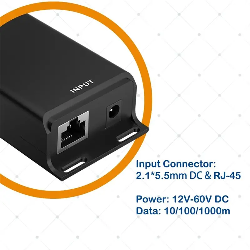 ABUO Gigabit PoE Injector, 12-60V Input to 24V Passive PoE Output, 30W Max, for MikroTik, Solar Conversions, Black Plastic