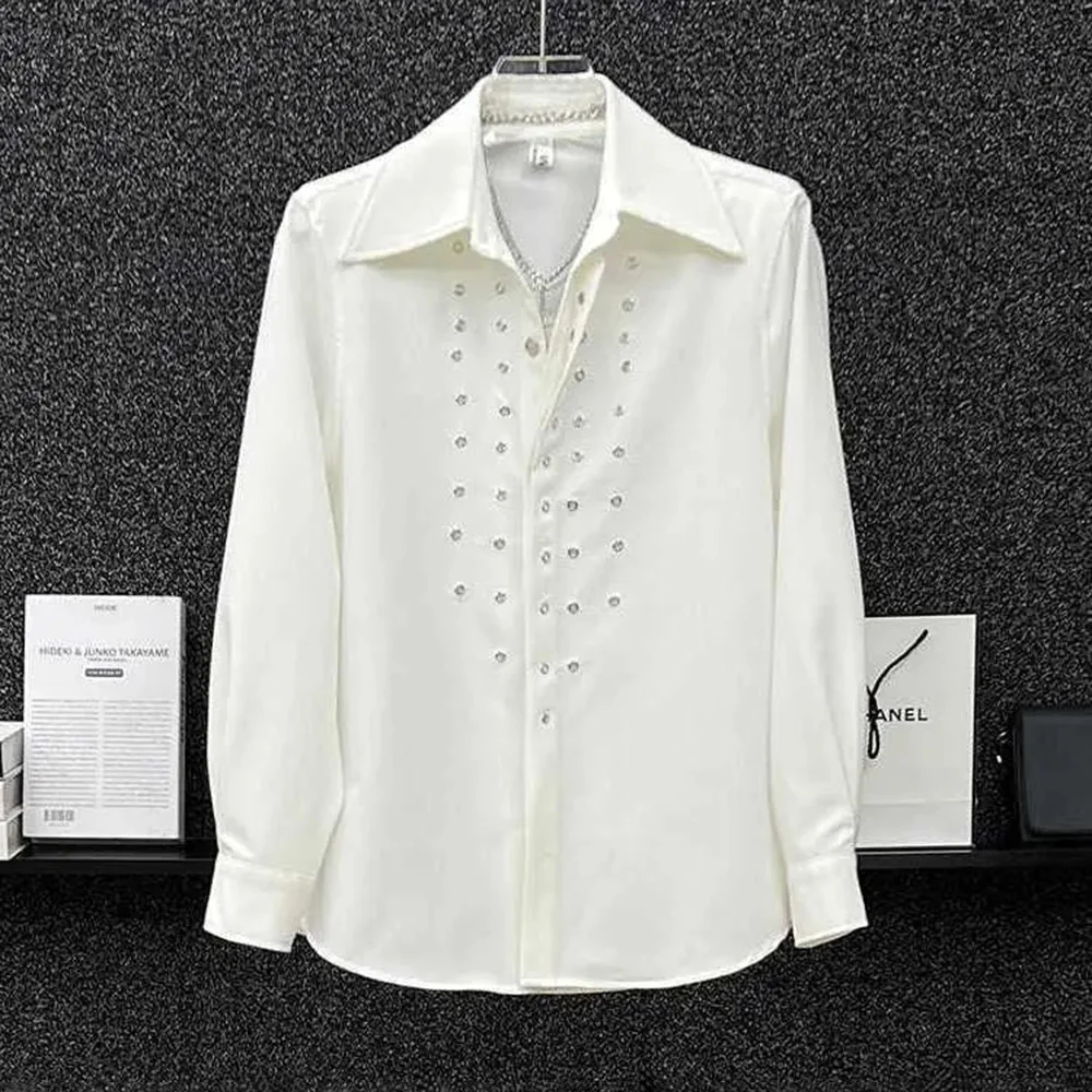 Mens Shirt Metal Round Hole Design Casual Shirt Autumn Fashion Streetwear Personality All-Match Long-Sleeve Top Men'S Clothing