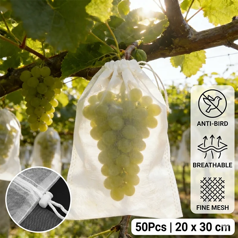 50Pcs 20x30cm Garden Fruit Protection Bags for Grapes Mesh Bags Against Insect Pest Bird Proof Drawstring Plant Net Bags