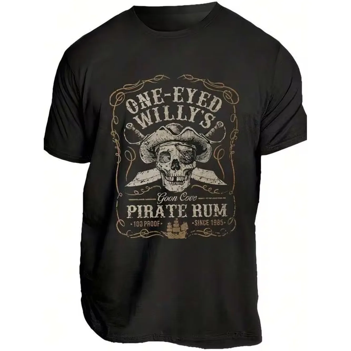 Men's Vintage Pirate T-Shirt With One-Eyed Willy's Skull & Swords Design - Retro Nautical Short Sleeve Round Neck Tee, Lightweight Suitable For Rum Lovers, Casual Casual Attire, Pirate-Themed Apparel For Adventure & Themed Parties