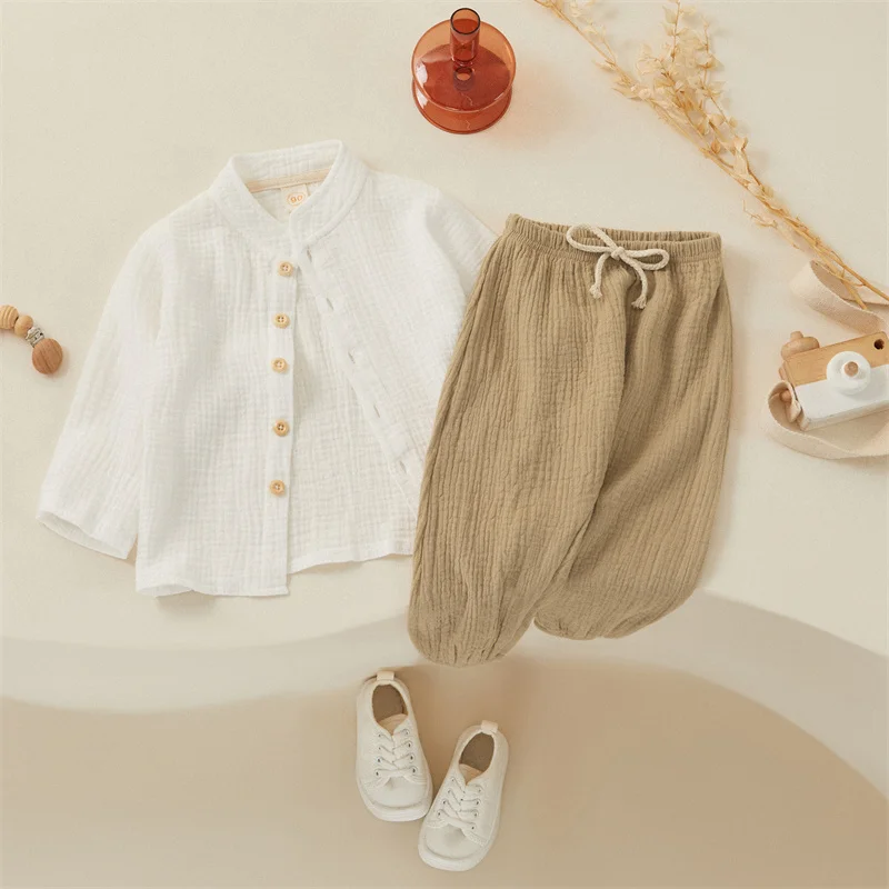 Tregren Kids Boy Cotton Linen Clothes Solid Color Buttons Long Sleeve Shirt Tops Elastic Waist Long Pants 2Pcs Set Fall Outfits