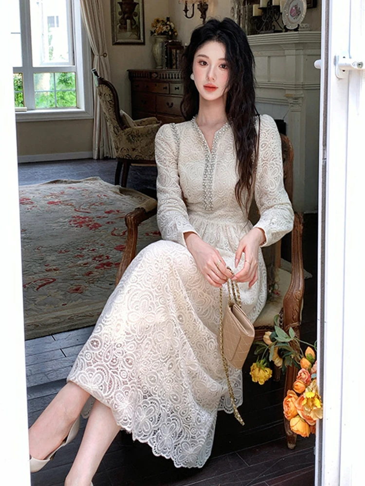 ชุดเดรสยาวสไตล์หวานแบบแฟรี่คอร์สำหรับผู้หญิง เสื้อผ้าผู้หญิงหรูหรา ผ้าลูกไม้โปร่งปักลายเพชร ชุดราตรีงานเลี้ยง ชุดออกงาน ชุดฤดูใบไม้ผลิ