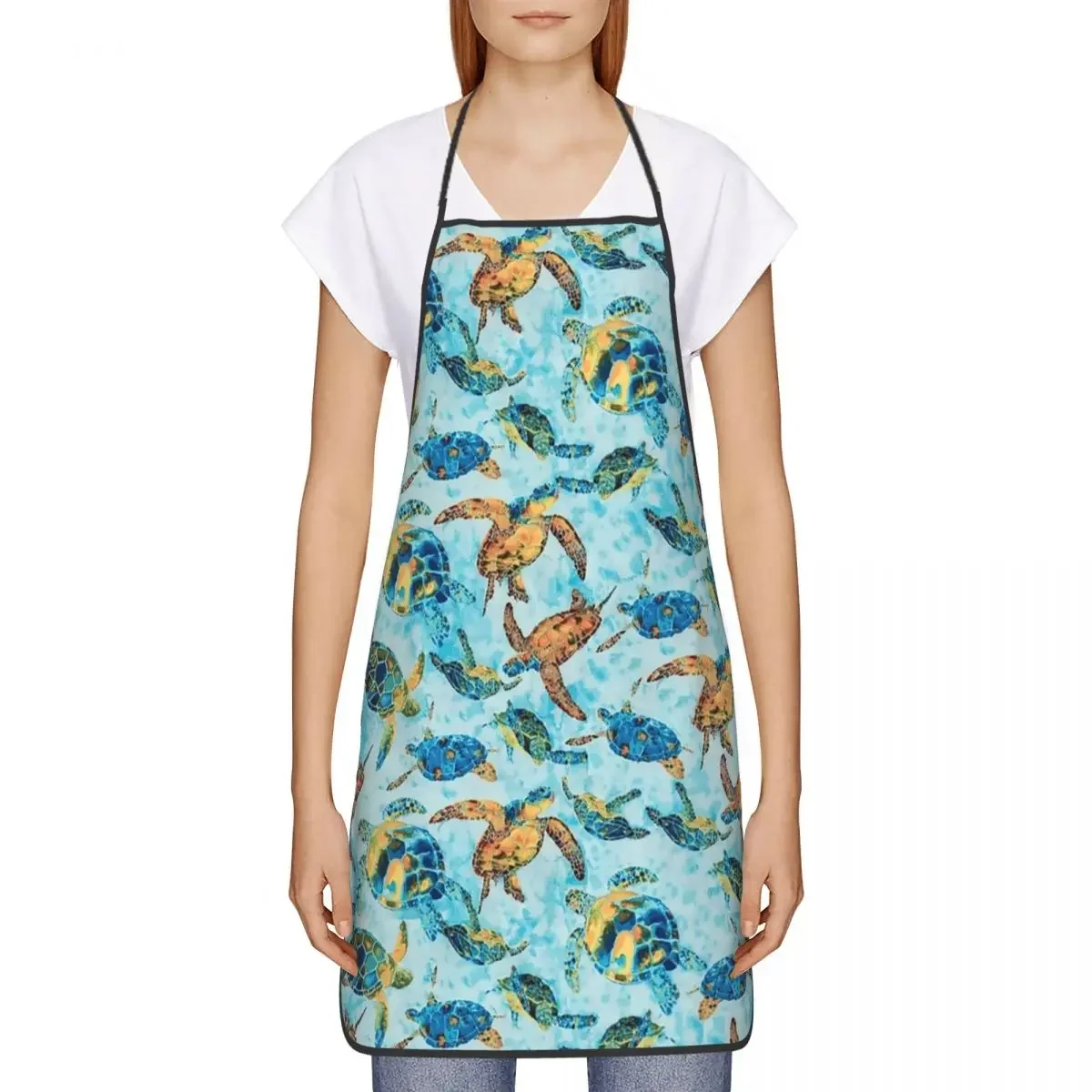 Custom Watercolor Turtles Pattern Apron for Men Women Unisex Adult Chef Cooking Kitchen Ocean Lover Tablier Cuisine Gardening