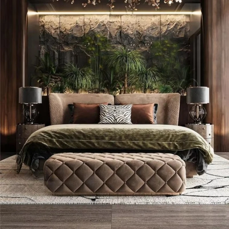 Italian-style modern luxury fabric king bed cushion bed frame with wooden frame bedroom furniture set