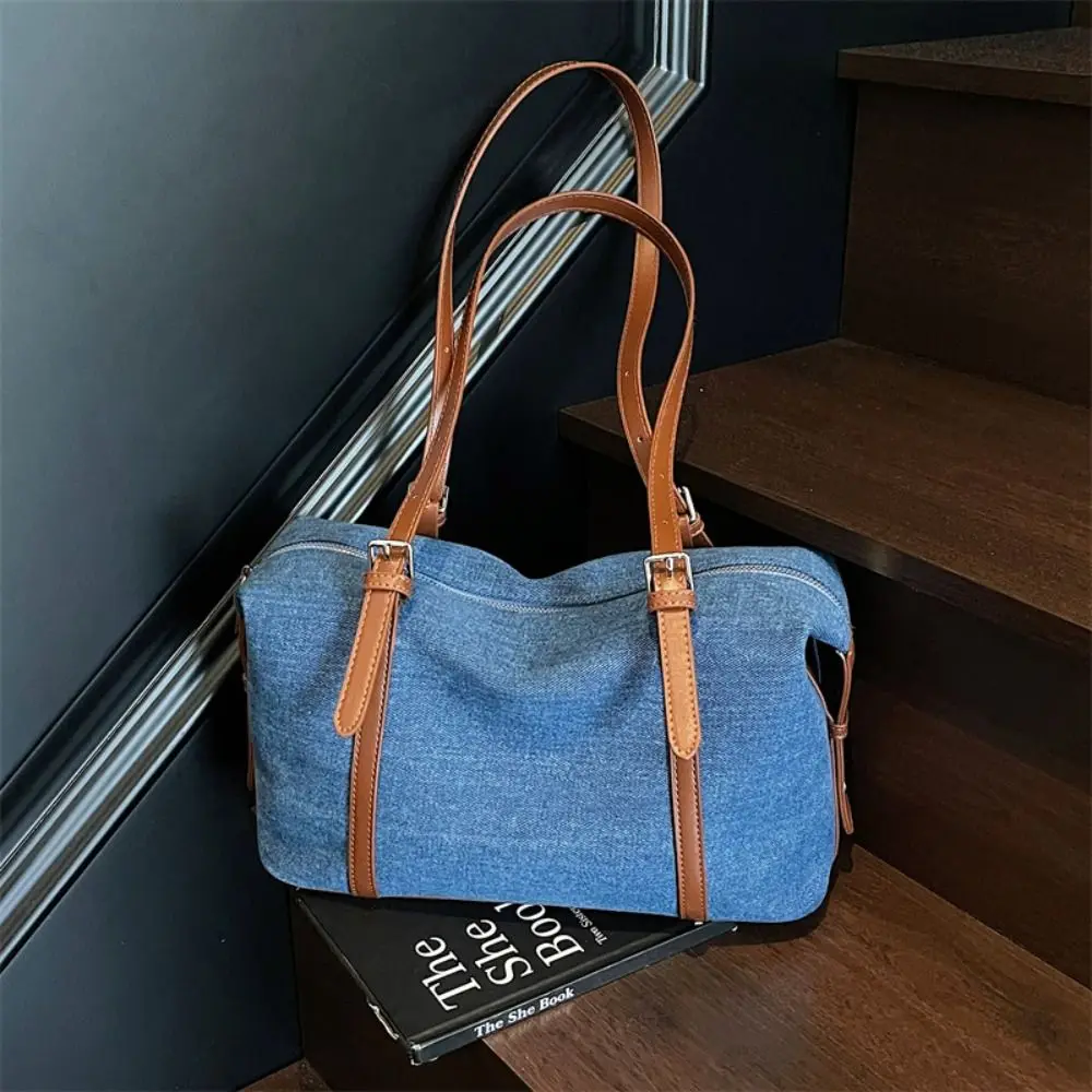 

Fashion Korean Style Denim Tote Bag Tote Bag PU Leather Large Capacity Handbag Solid Color Large Capacity Underarm Packs Women