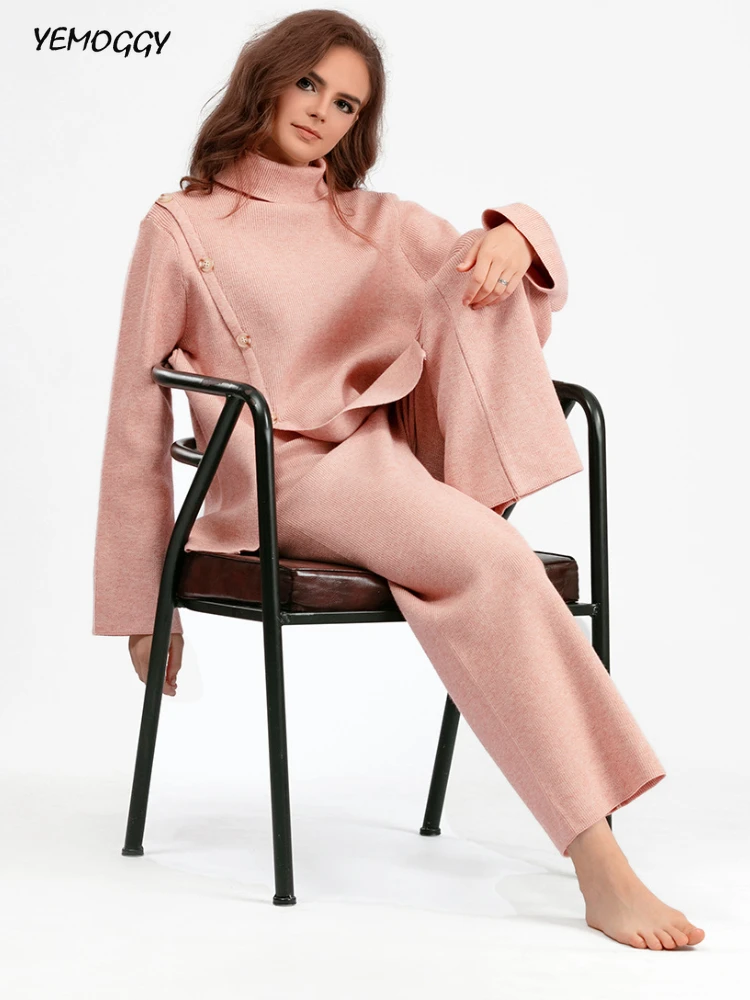 

Модный дизайнерский вязаный свитер с высоким воротником и разрезом, женские спортивные костюмы, зимние теплые мягкие повседневные широкие брюки, Женский комплект из двух предметов