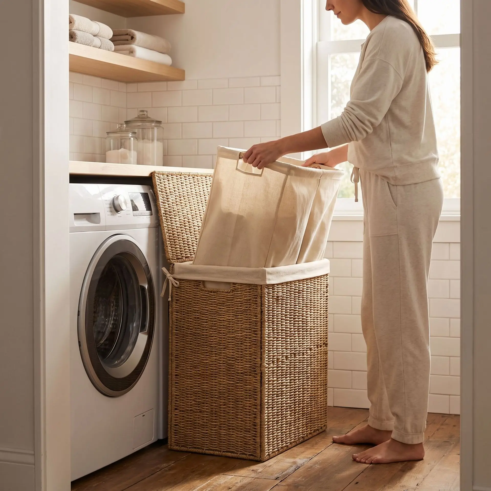 Laundry basket with lid Foldable paper rope woven dirty clothes basket Large capacity clothes hand woven storage basket