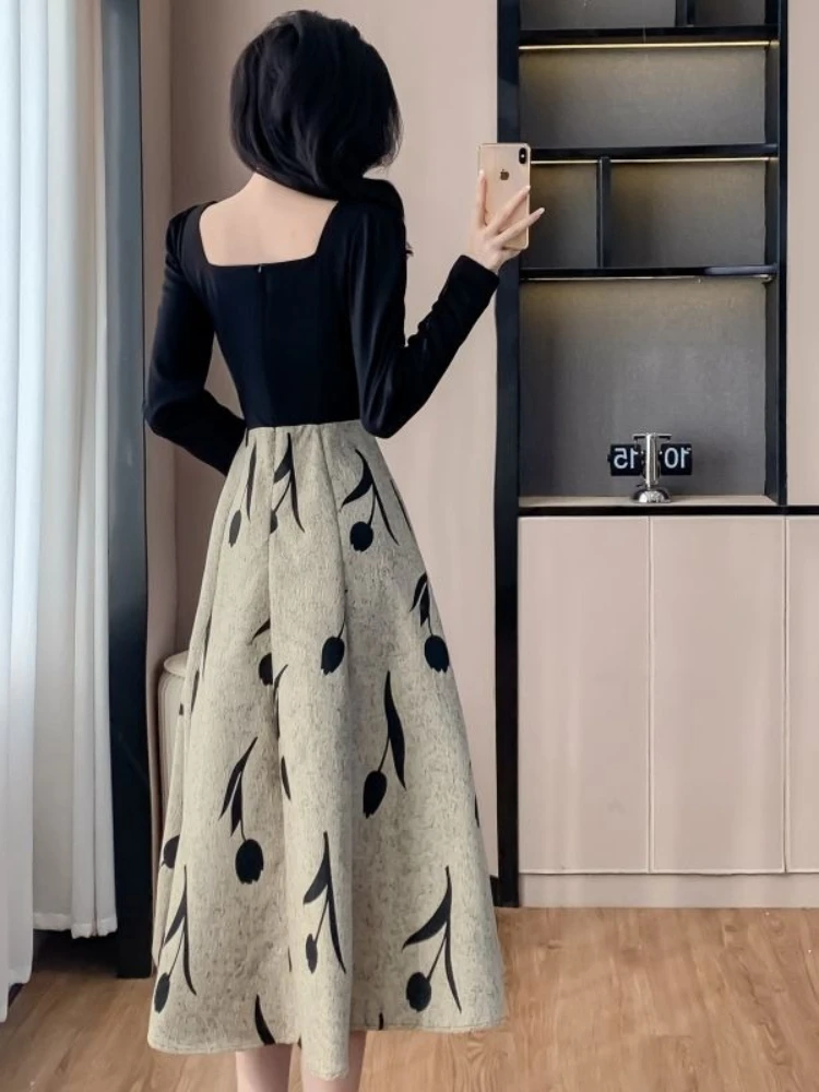Autumn and Winter French Hepburn Style Patchwork Contrasting Dress Small Fragrance Style Slimming Mid Length Skirt
