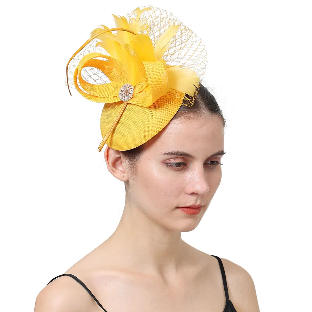 

Yellow Imitation Linen Cocktail Event Fascinator Hat Derby Millinery Hair Accessories Elegant Women Nice Feather Flower Headband