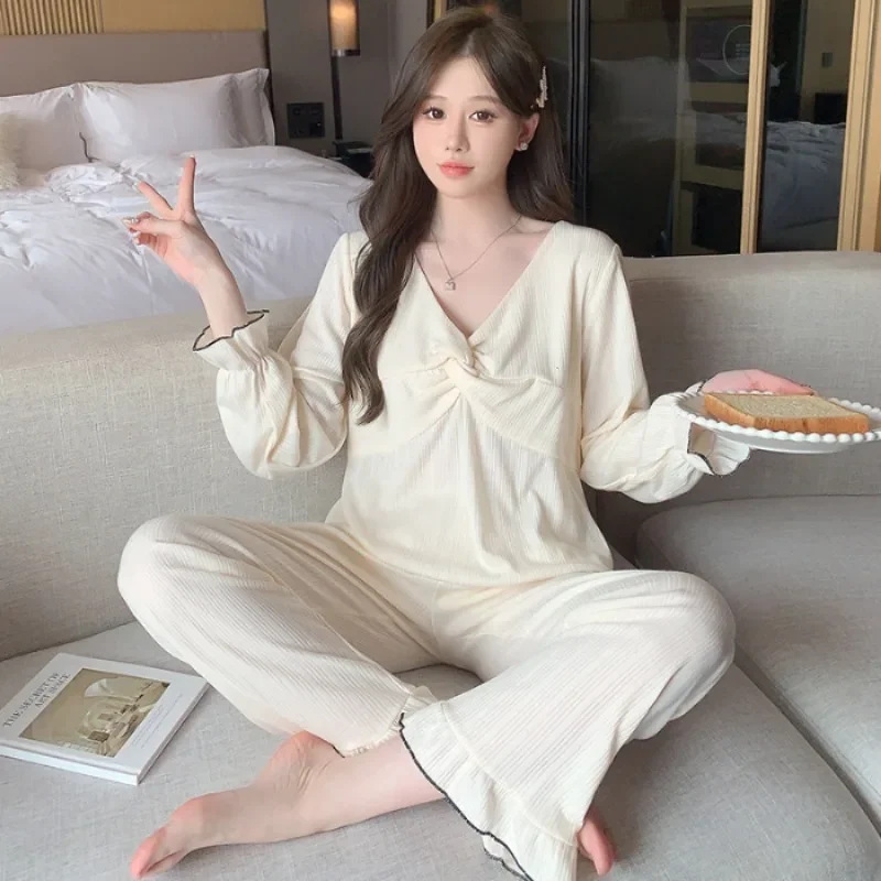 

Plus Size Bow Cute Women Princess Pajama Sets Tops and Pants Korean Lady Cotton Soft Comfortable Home Clothes Solid Sleepwear