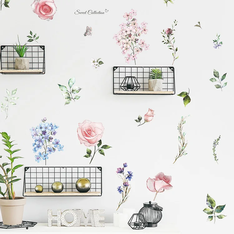 Frische Blumen Blätter Wandaufkleber Wohnzimmer Hintergrunddekoration Abnehmbare Aufkleber Schlafzimmer Eingang Dekor Selbstklebende Aufkleber – Detail 2
