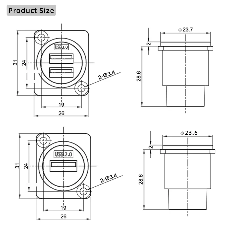 Metal Socket Module D Type USB 3.0 2.0 Type-C Network RJ45 CAT6 CAT6A HDMI 2.0 Extension Cable Connectors Panel Mounting