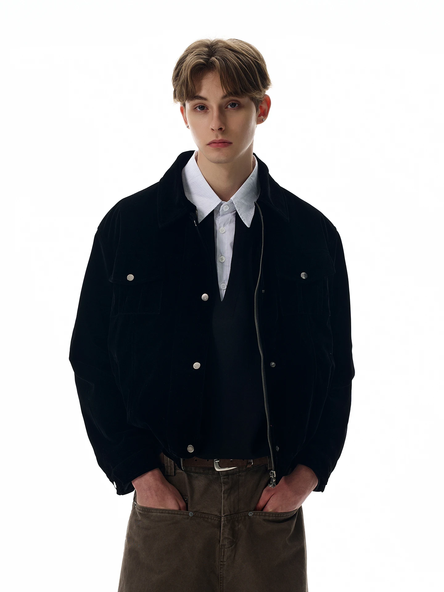 

American Retro Decosition Design Hunting Jaet Boxy ort Workwear Outerwear oulder Length Polyester Youth Faion