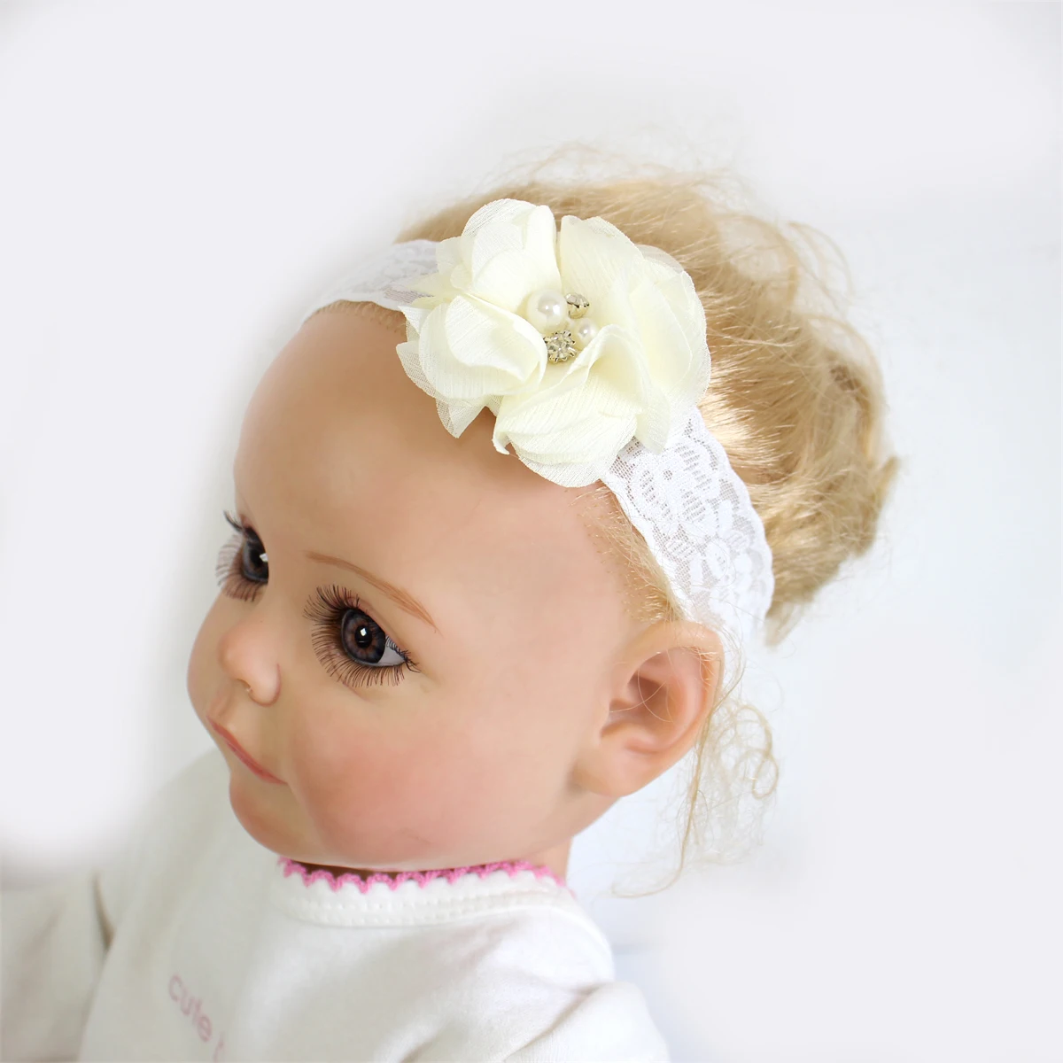 0-6 M Stitched Pearl Chiffon Flower Headband Newborn Hair Accessories Baby Girl Floral Print Lace Headbands Baby Photo Headdress