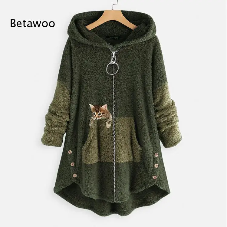 Teddy-Fleece-Kapuzenjacke mit Farbblock-Katzenmuster, Reißverschluss, locker geschnitten, Übergröße, warmer Wintermantel für Damen