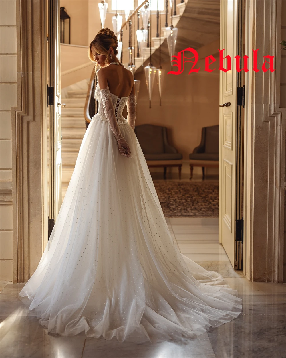 Gaun Pengantin Lengan Panjang Dapat Dilepas Tanpa Tali Elegan Kustom Gaun Pengantin Punggung Terbuka Renda Kereta Kapel Indah