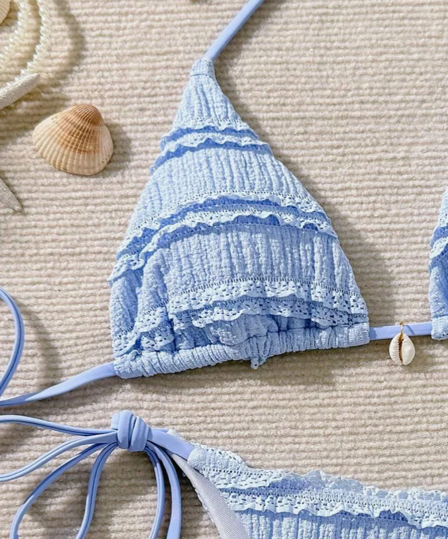 2025 Summer Beach Vacation Women's Sweet Style Strap Top Bikini Swimsuit with Wrinkle Solid Color Swimsuit Three Point Style