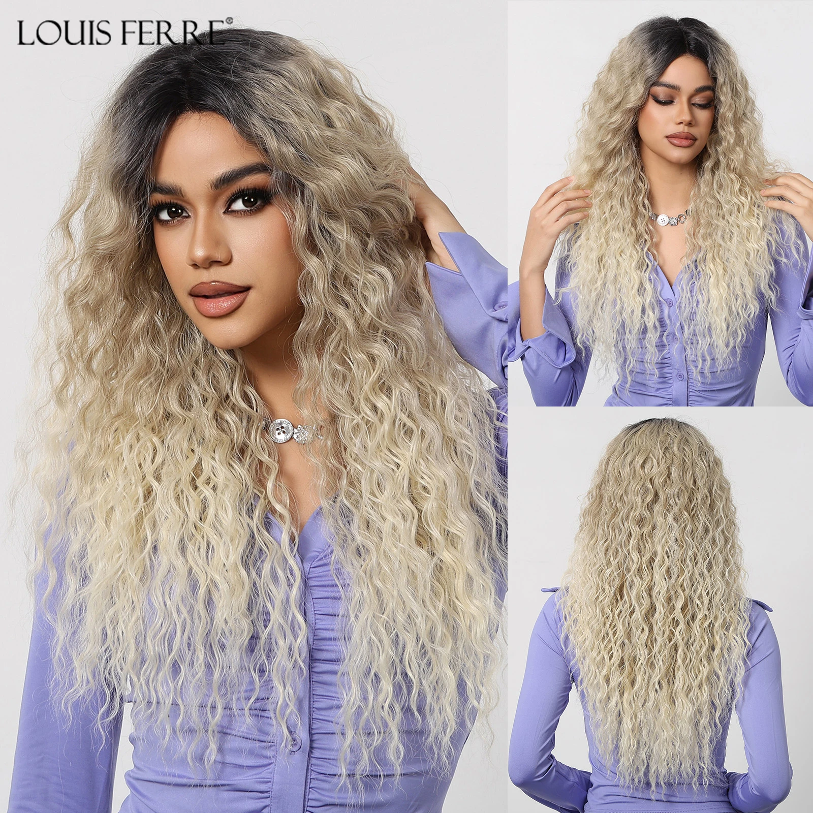 

Blonde Ombre Lace Frontal Wigs for Women Black Roots Curly Synthetic Wigs Natural Kinky Curl Hair Heat Resistant Fiber Wigs