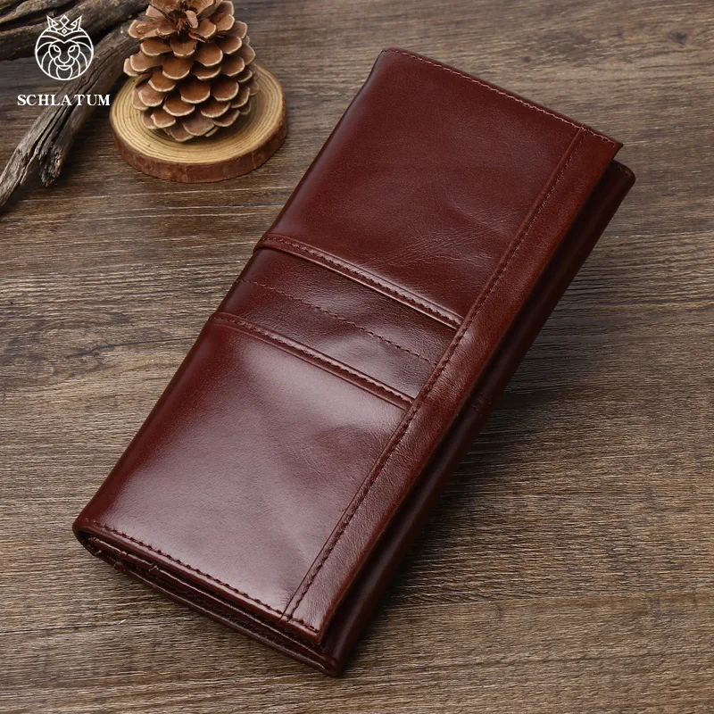 

SCHLATUM Brand Cowhide RFID Anti-theft Brush Money Bag Men's Long Genuine Leather Mobile Phone Bag 2023 New Men Vertical Wallet