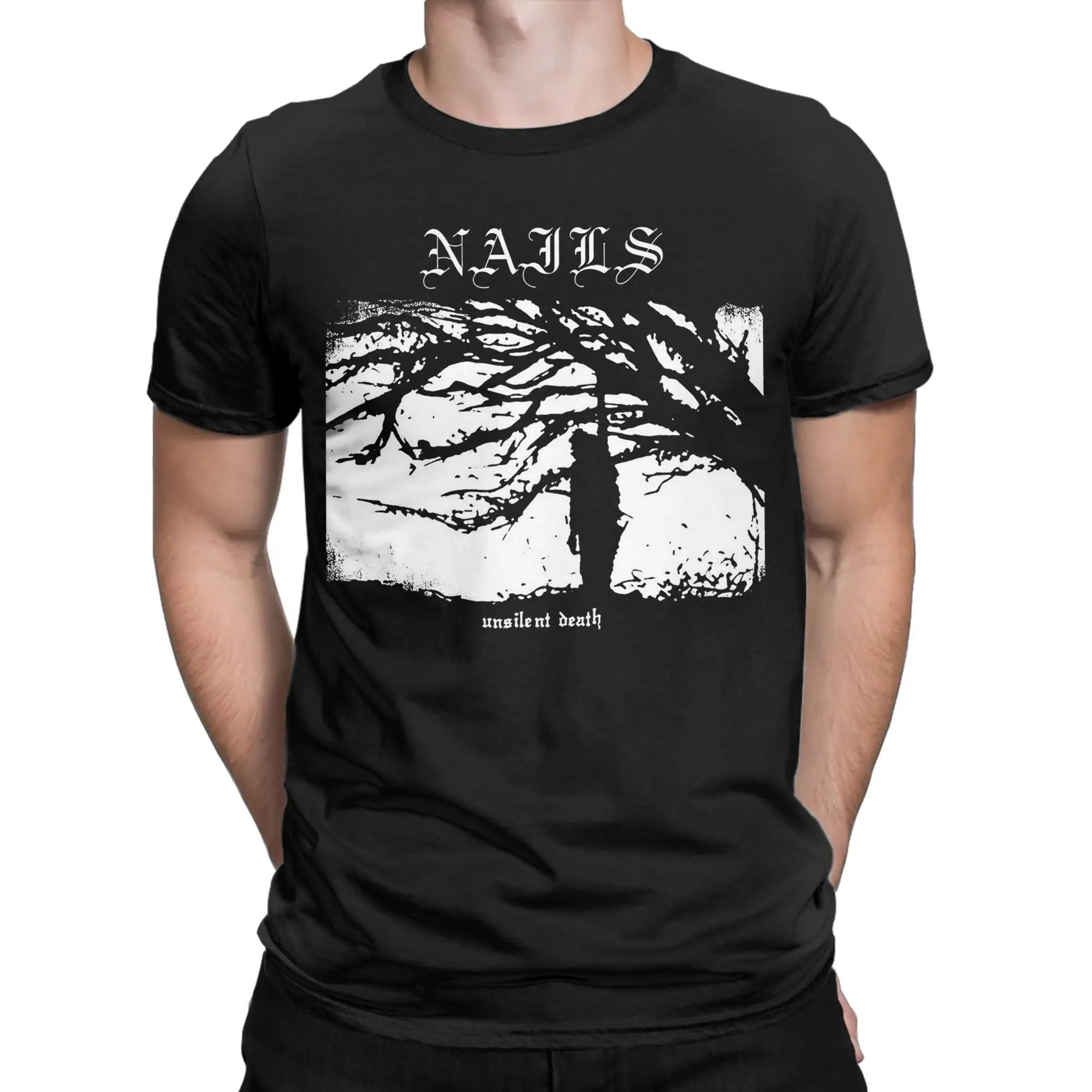 Men T-Shirt Nails Unsilent Death Band Funny 100% Cotton Tees Short Sleeve  T Shirts Crew Neck Clothes Printed