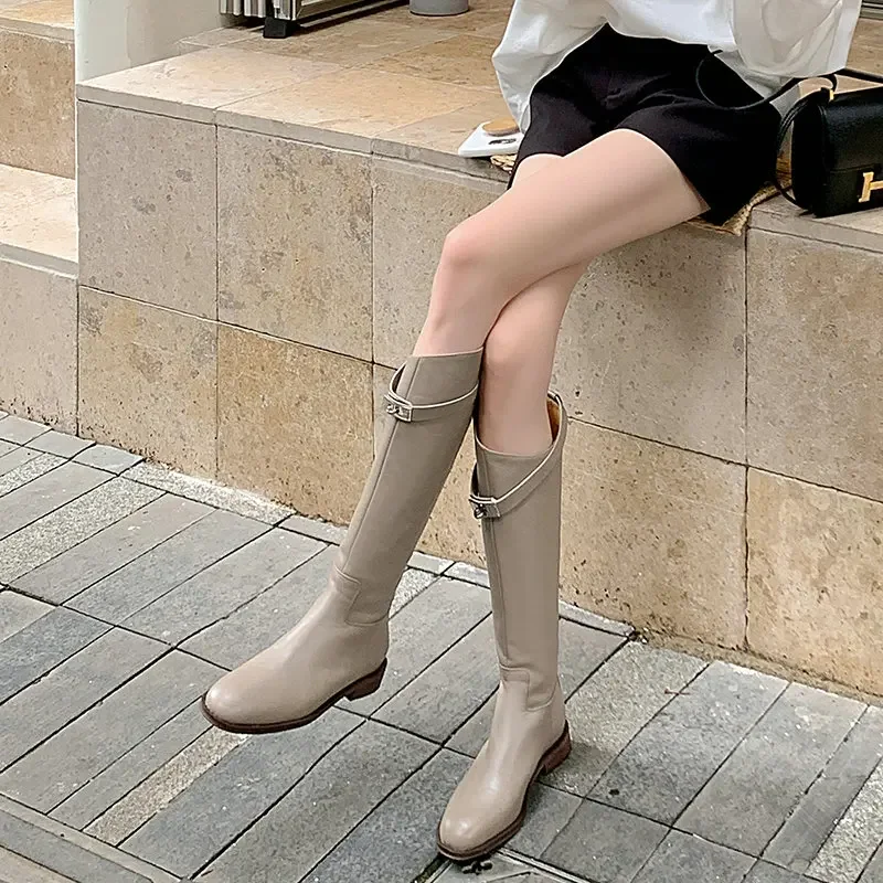 Luxury Brand Genuine Leather Warm Women Winter Shoes Cowhide Knee High Goth Motorycle Western Boots Big Size 42 With Metal Lock