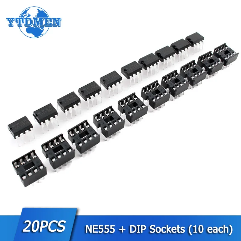 20PCS Timer Programming Oscillator Chip NE555 NE555P IC 555 & 8 Pin DIP Sockets Kit (10 Each)