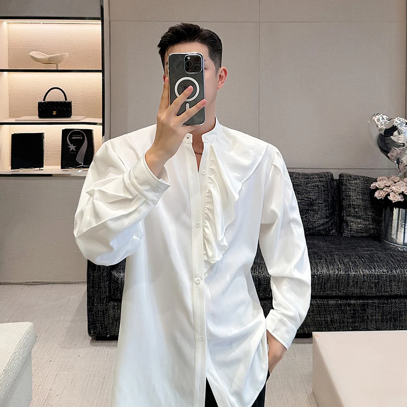

Мужская рубашка Ele Long Sleeve с воротником-стойкой, свободного кроя, в корейском стиле, одобренная Hair St, белая, с эффектом драпировки