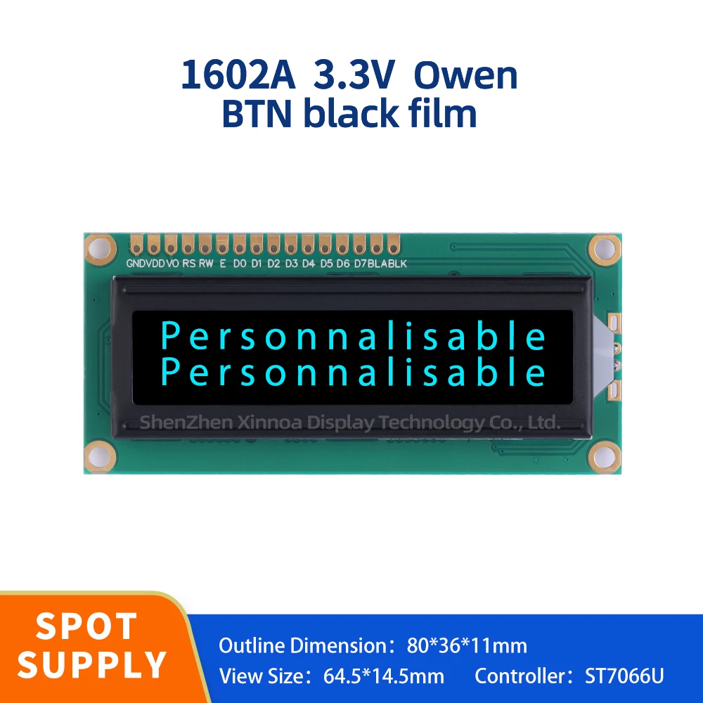 

16X2 Dot Matrix Character Multi Language 1602A 3.3V European Character LCD Screen BTN Black Film Ice Blue 64.5 * 14.5MM