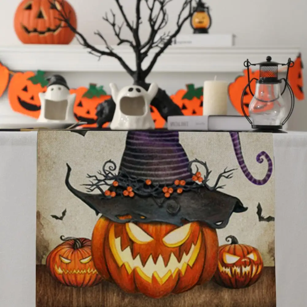 Halloween Themed Table Setting Supplies Spooky Halloween Table Runner with Spider Web Pumpkin Print for Banquets for Festive