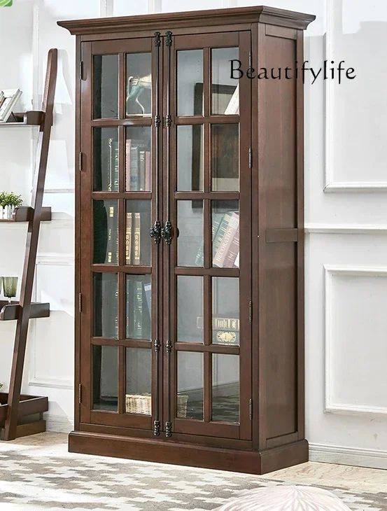 

LXRetro solid wood bookcase study shelf combination double door glass with lock office bookcase standing cabinetSSS