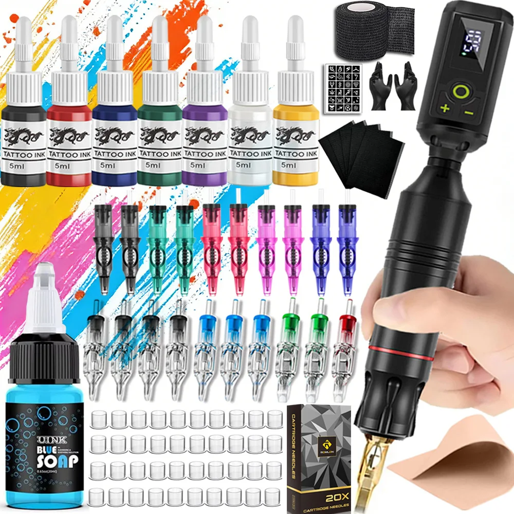 

Professional Tattoo Pen Kit Wireless Rotary Tattoo Machine Set with 20pcs Cartridge Tattoo Needle Permanent Makeup Tattoo Supply