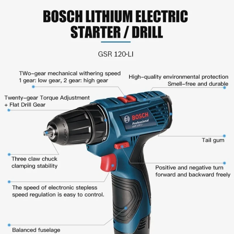 Bosch Electric Drill GSR 120-LI 12V Rechargeable Cordless Electric Drill Multi-function Home DIY Screwdriver Power Tool