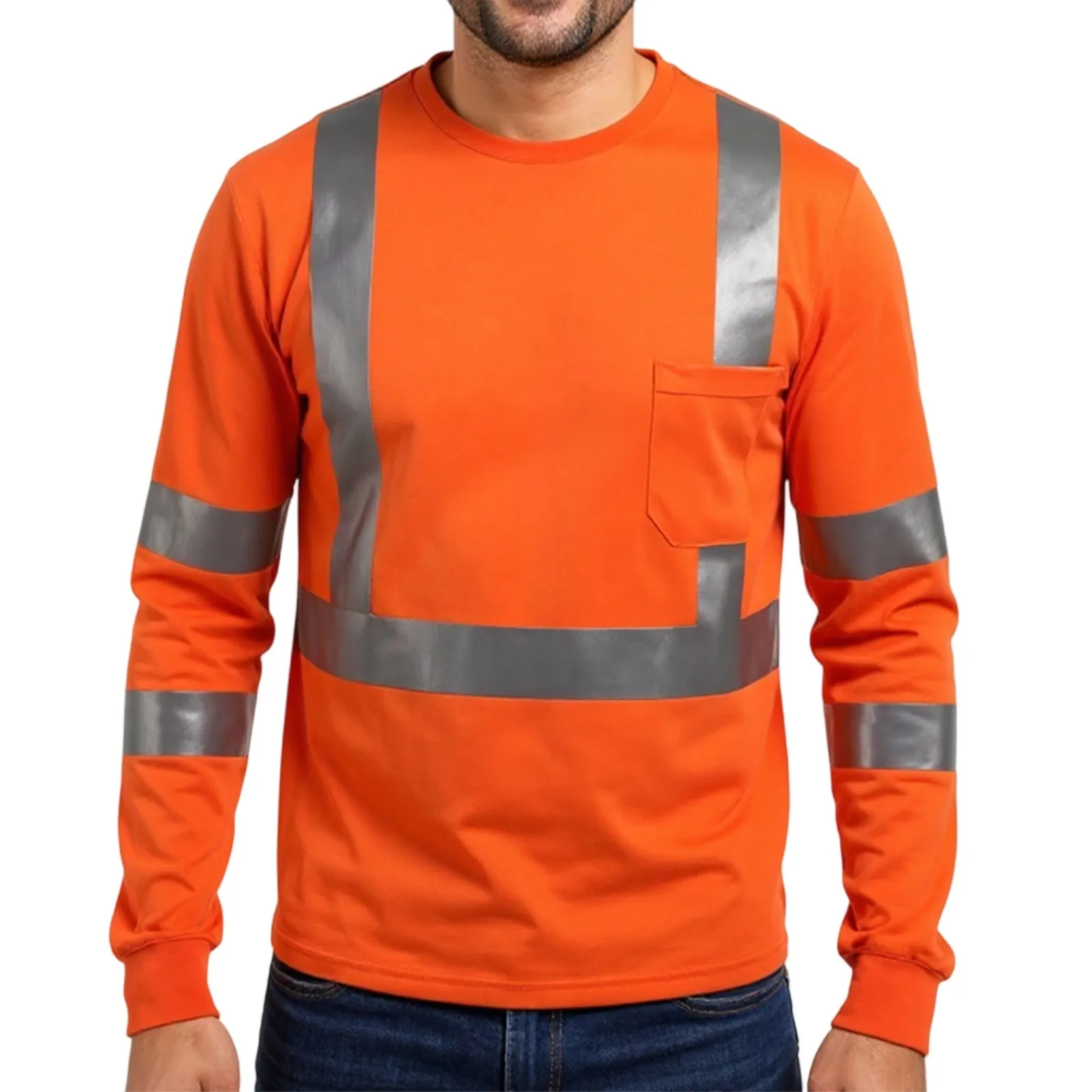 High Visibility Long Sleeve Round Neck T-shirt Reflective Workwear For Engineering Wharf Moisture Wicking Casual Men Top