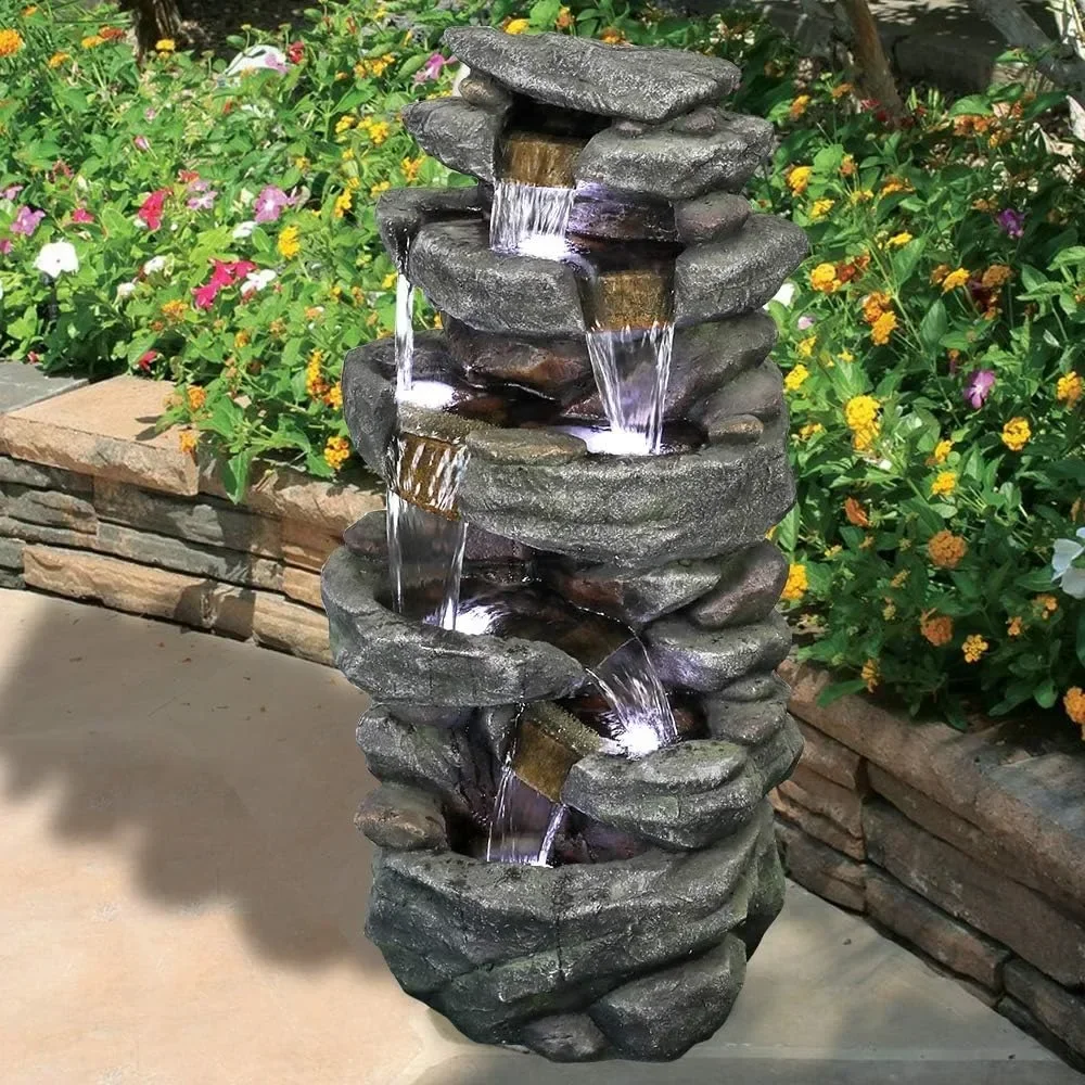 40.5” High Rocks Outdoor Water Fountain - 6-Tiers Cascading Waterfall w/ LED Lights, Soothing Tranquility for Home Garden, Yard