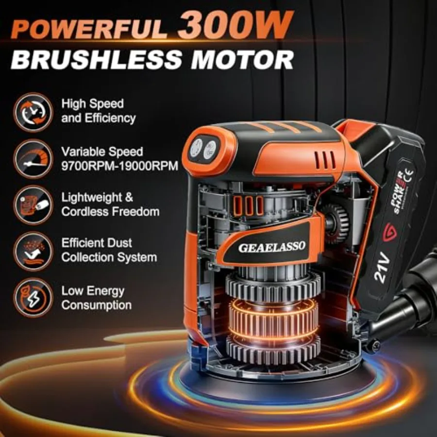 Woodworking and furniture sanding: cordless 5-inch random orbital sander, aluminum body, black, 3 variable speeds 800013000 RPM