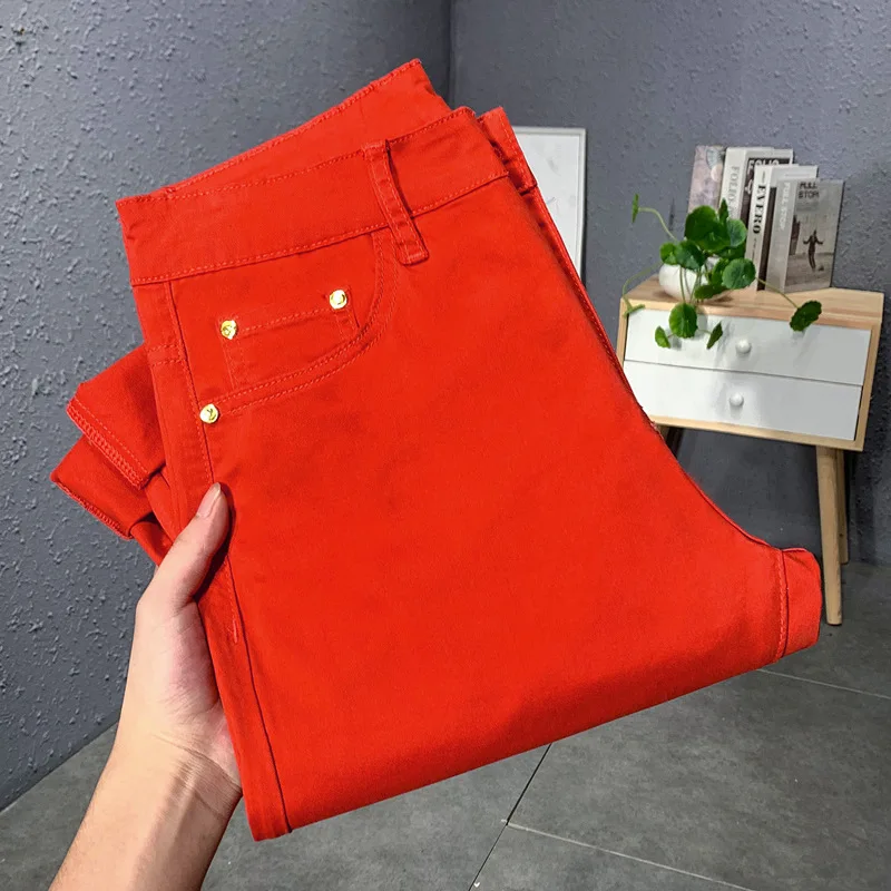 

Red jeans men's slim fit skinny stretch casual trend quality summer thin 2024 New light luxury men's pants