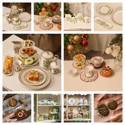 1/6 Miniature Kitchen Christmas Tableware Dessert Rack Set Model Vintage Plate Metal Tableware Display DollHouse Accessories Bjd