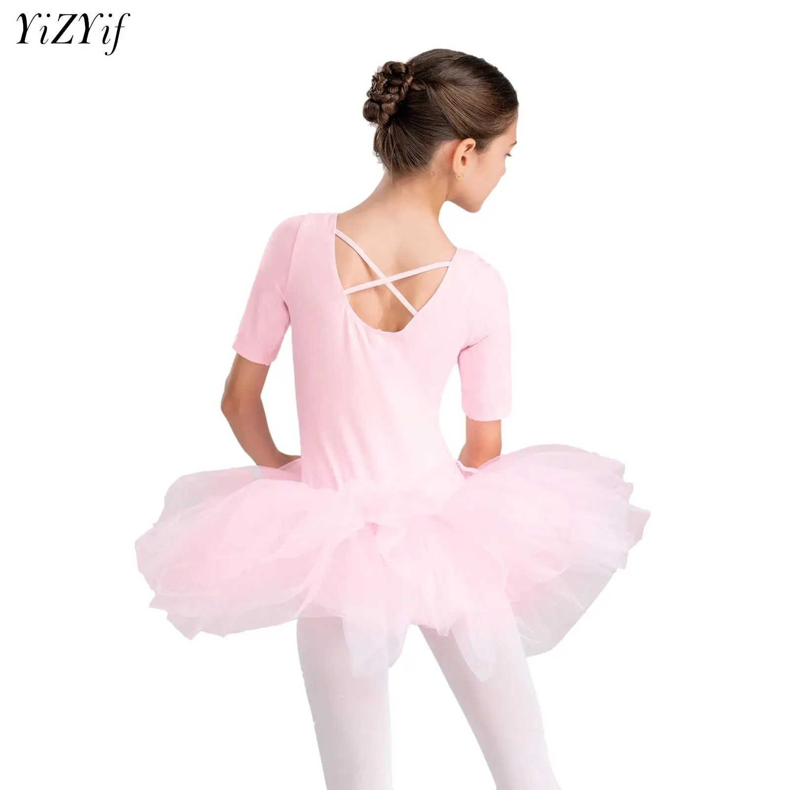 

Girls Dance Leotards for Ballet Dress Shiny Skirt Short Sleeve Crisscross Back Performance Dance Ballerina Costume