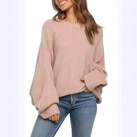 2024 Europe and The United States Round Neck Solid Color Loose Sweater Top, Casual Pullover Bat Long-sleeved Sweater Woman