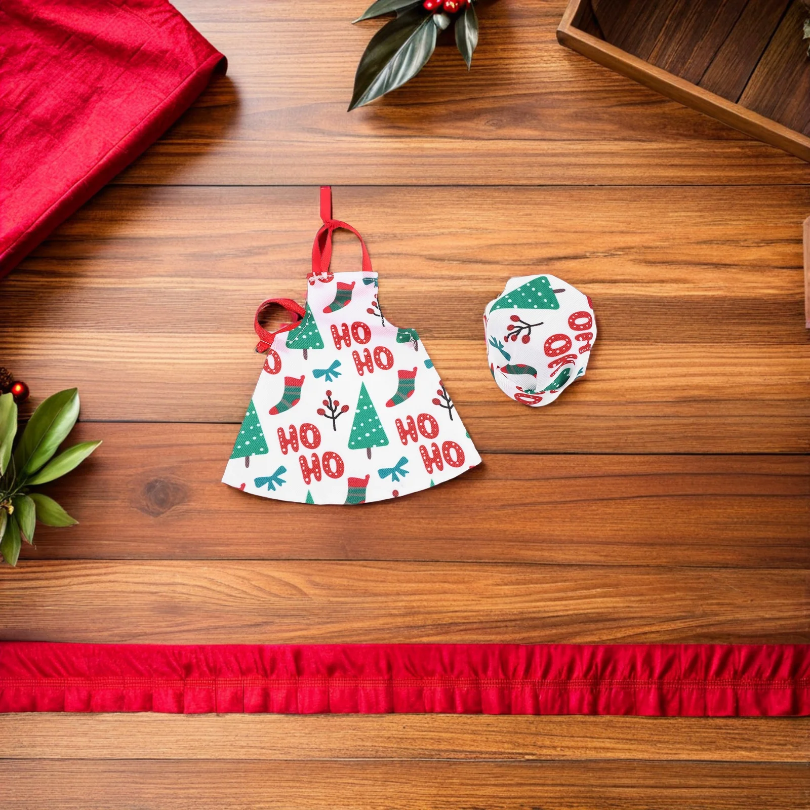 1 conjunto 1 conjunto de chapéu de chef de natal avental bjd vestir-se cozinha traje para crianças fingir jogar padrão de árvore de férias